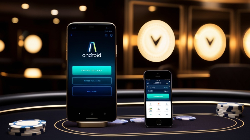 Android-telefoon en iPhone met mobiele downloadschermen in een casino-sfeer