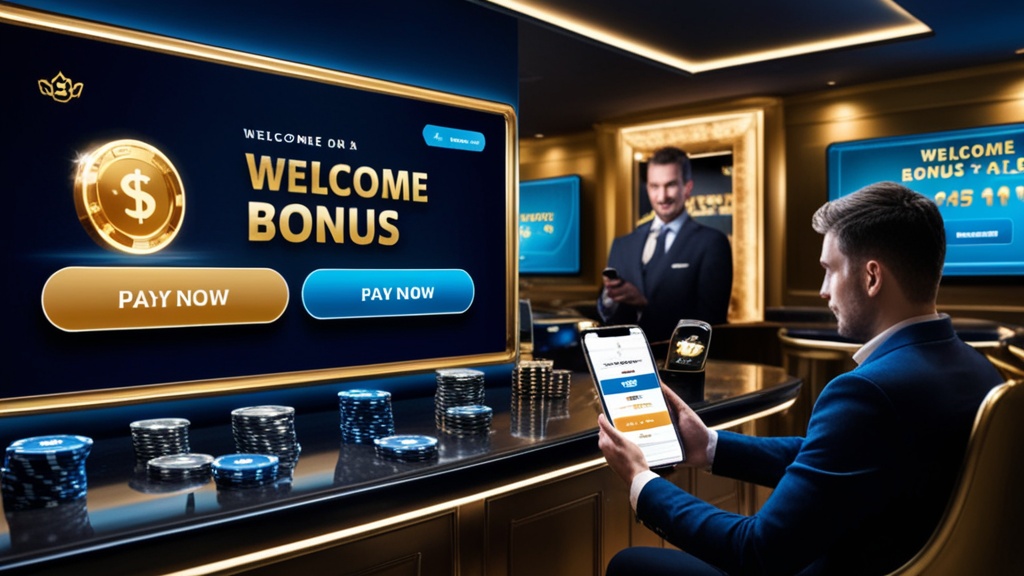 Donkere casinoruimte met bonusbanners en een speler die promoties vergelijkt