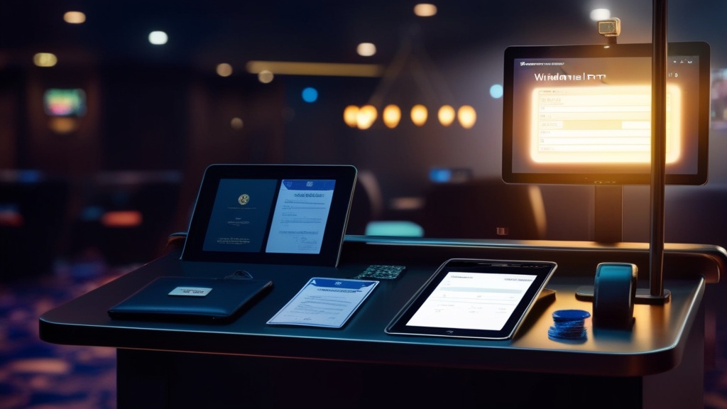 Donkere casino-scène met verificatiedocumenten en een opnameformulier op het scherm