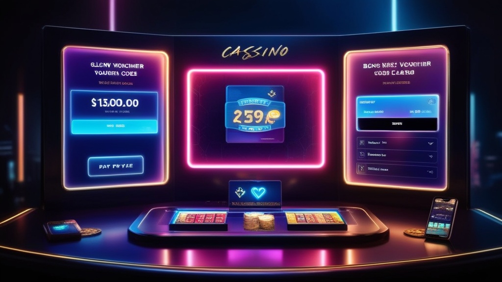Donkere tafelscène met vouchercodeveld en casinobonustoken